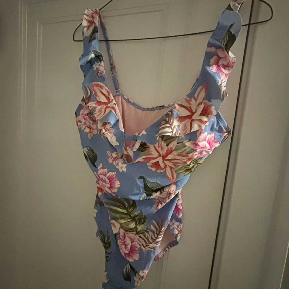 Kona Sol Lavender Floral Ruffle One-Piece Swimsuit - Picture 3 of 3